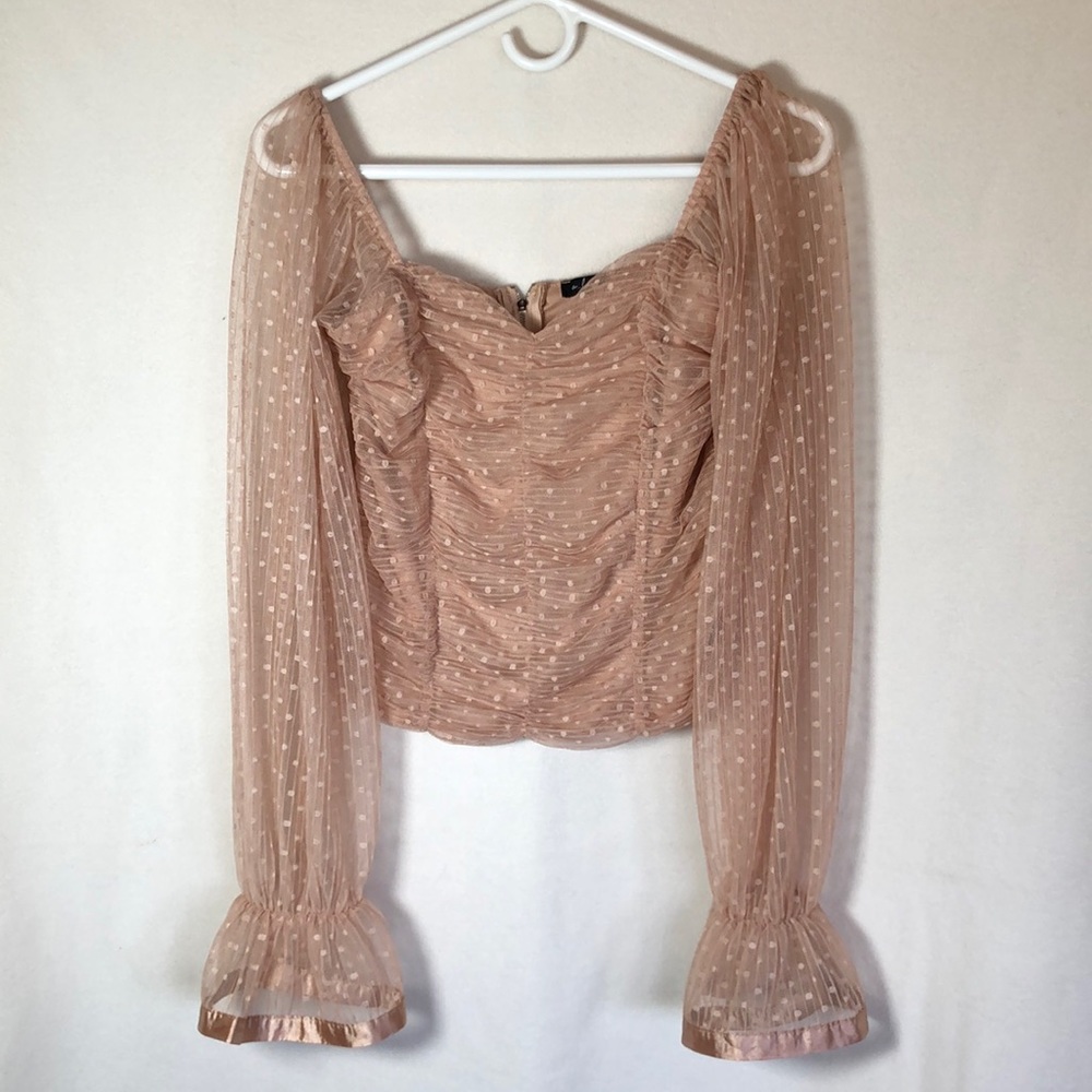 A Love Story - Nude color sheer long sleeve gathered front top. Zip up back Med
